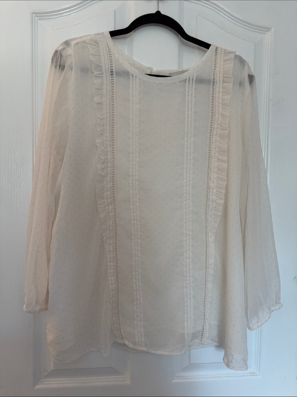 LOFT Cream Swiss Dot Ruffle Trim Blouse
